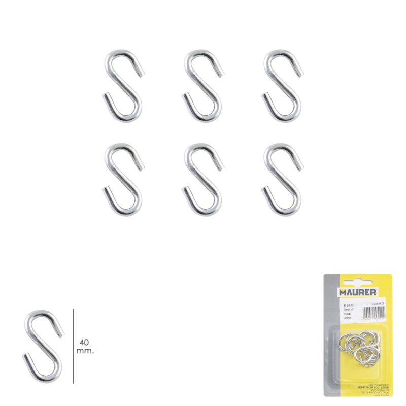 Gancho «S» 40 mm. Zincado (Blister 6 piezas) Uso Domestico