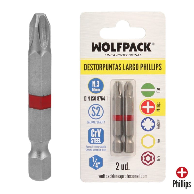 Puntas Largas Destornillador Phillips NÂº 3 (2 Piezas). Acero S2 al Cromo Vanadio. Puntas Hexagonales, Destorpuntas,