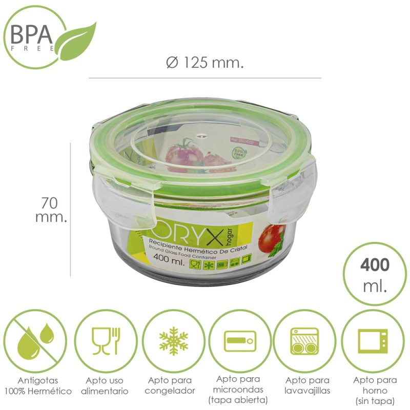 Recipiente Hermetico Cristal Redondo 400 ml. Ã˜ 125 x 7 (alt) cm.