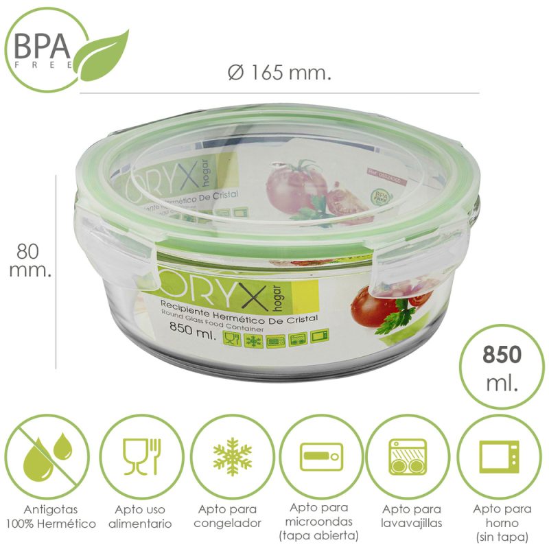 Recipiente Hermetico Cristal Redondo 850 ml. Ã˜ 165 x 8 (alt) cm.