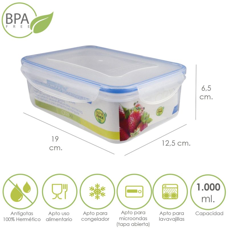 Recipiente Hermetico Plastico Rectangular 1.000 ml. 19×12.5×6.5 (Alt.) cm.