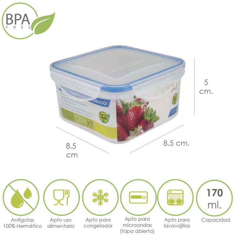 Recipiente Hermetico Plastico Cuadrado 170 ml.  8.5×8.5×5 (Alt.) cm.