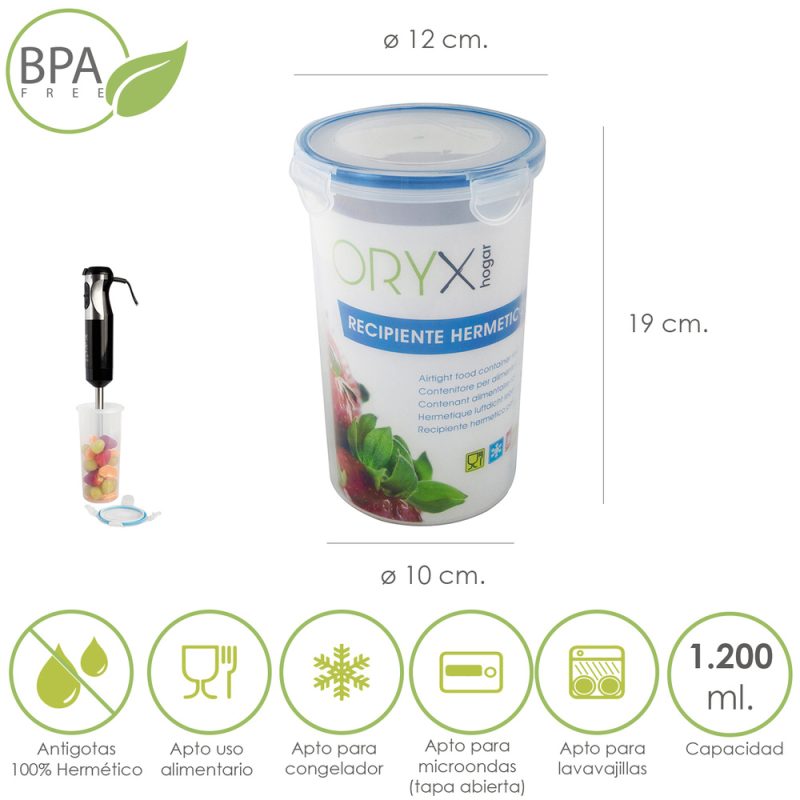 Recipiente Hermetico Plastico Redondo 1.200 ml.  Ã˜ 12 x 19 (Alt.) cm.
