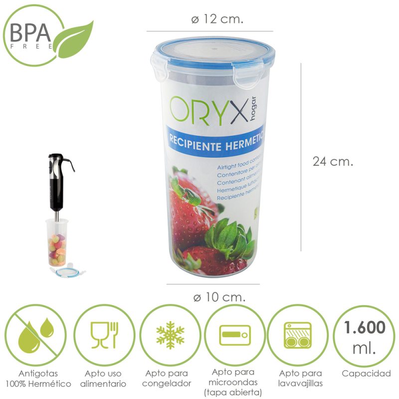 Recipiente Hermetico Plastico Redondo 1.600 ml.  Ã˜ 12 x 24 (Alt.) cm.