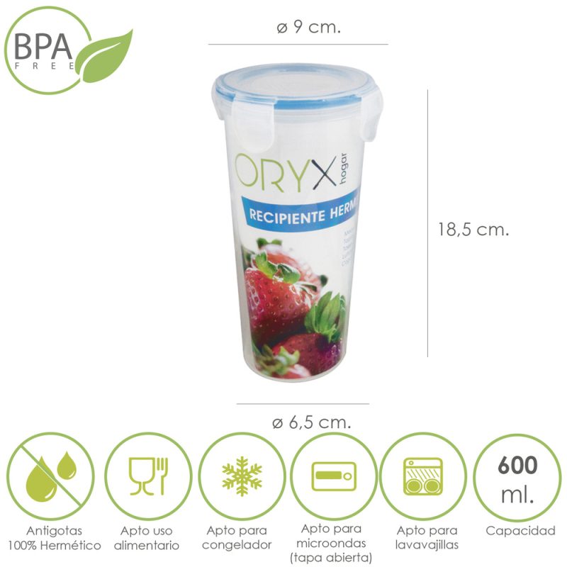 Vaso Recipiente Hermetico Medidor Plastico Redondo 600 ml. Ã˜ 9×18.5 (Alt.) cm.