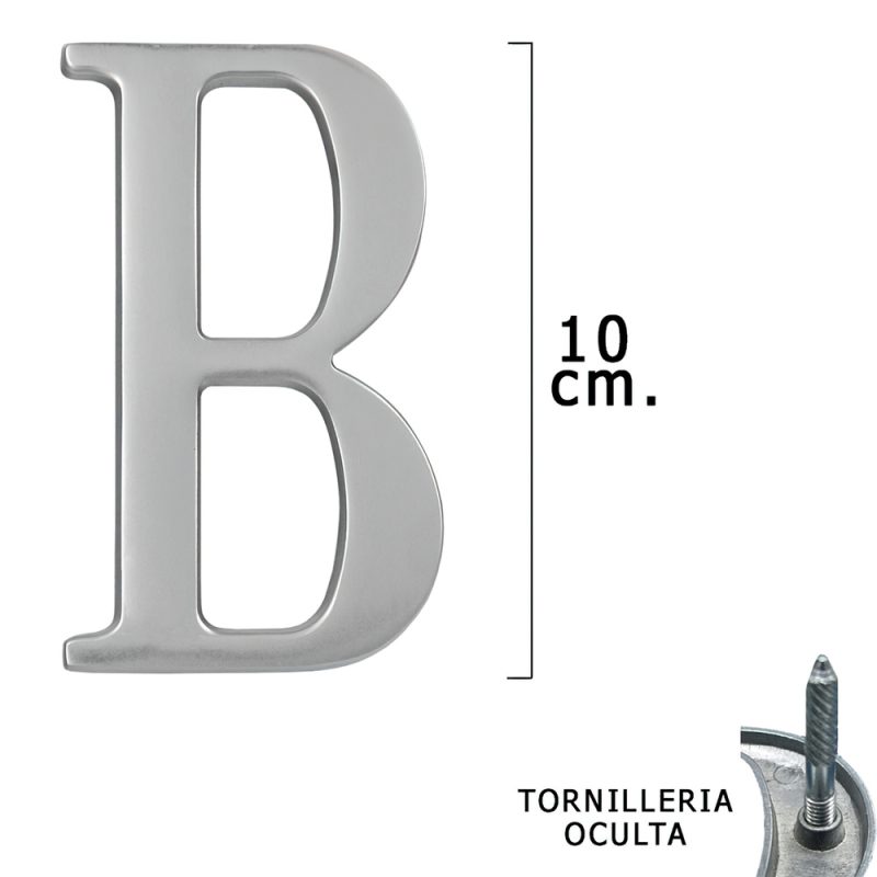 Letra Metal «B» Plateada Mate 10 cm. con Tornilleria Oculta (Blister 1 Pieza)