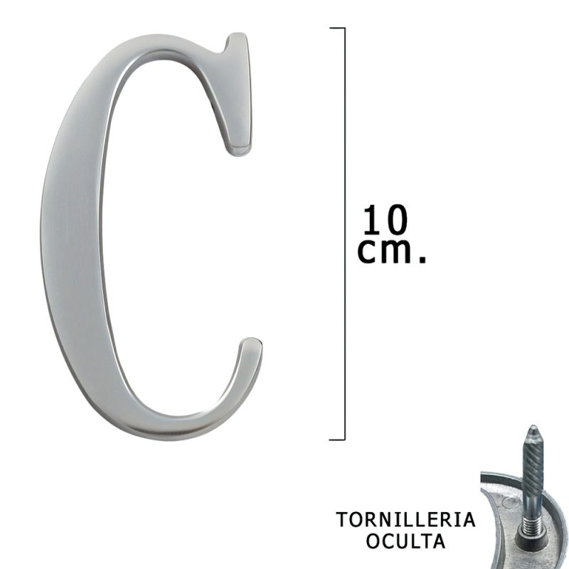 Letra Metal «C» Plateada Mate 10 cm. con Tornilleria Oculta (Blister 1 Pieza)