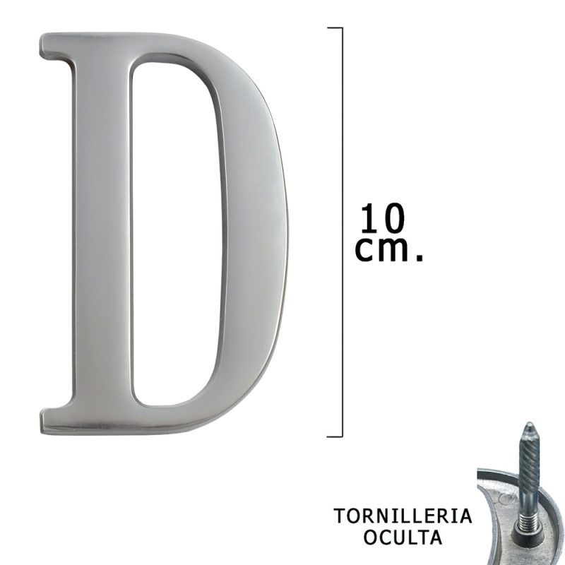 Letra Metal «D» Plateada Mate 10 cm. con Tornilleria Oculta (Blister 1 Pieza)