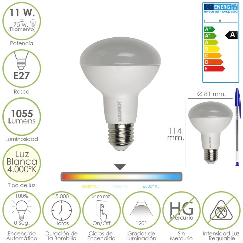 Bombilla Led Standar Rosca E27 (Gorda) 11 Watt. Equivale a 75 Watt. 1055 Lumenes. Luz Blanca (4.000Âº K) A+