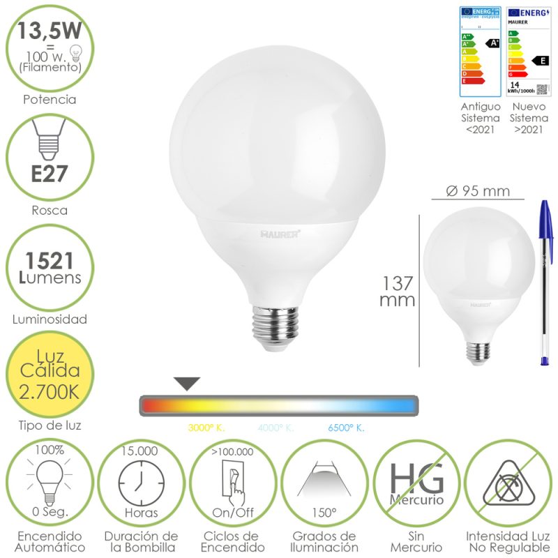 Bombilla Led Esfera Globo E27. 13,5 Watt. Equivale A 100 Watt. 1521 Lumenes. Luz Calida 3000Âº K.