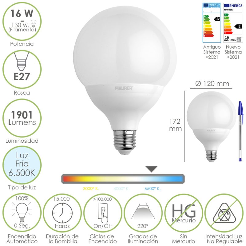 Bombilla Led Globo Rosca E27. 16 Watt. Equivale A 130 Watt. 1901 Lumenes. Luz Fria 6500Âº K.