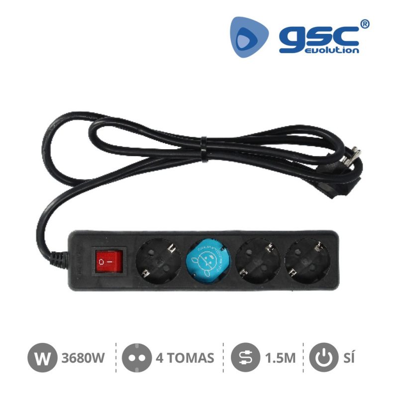 BASE Múltiple 4 Tomas Schuko con Interruptor y Cable 1,5m NEGRO