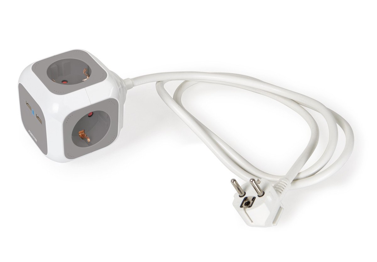 BASE Múltiple 4 Tomas Schuko + 2 USB Cuadrada con Cable de 1,4m BLANCO