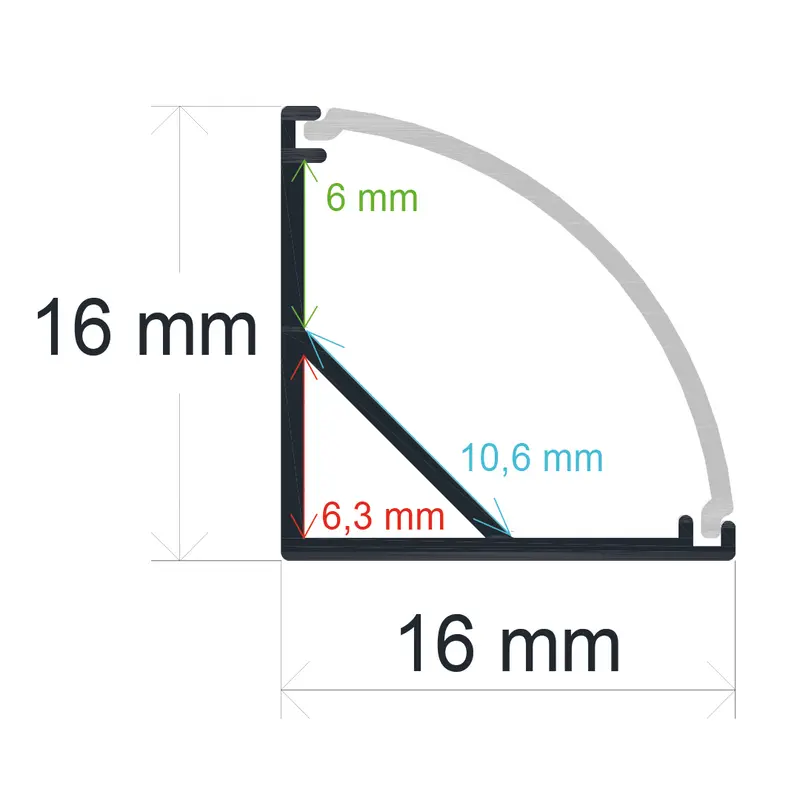 Perfil LED Esquina 16x16mm 2m NEGRO