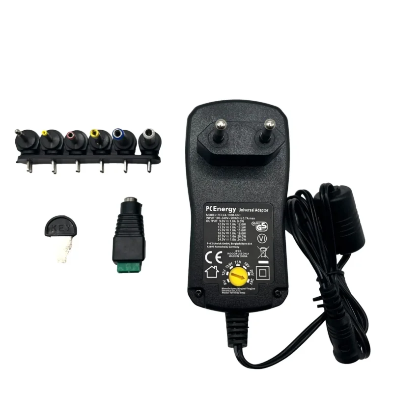 Alimentador Regulable Manual 9V-24Vdc 24W 1000mAh con 7 conectores PCE24-1000-UNI