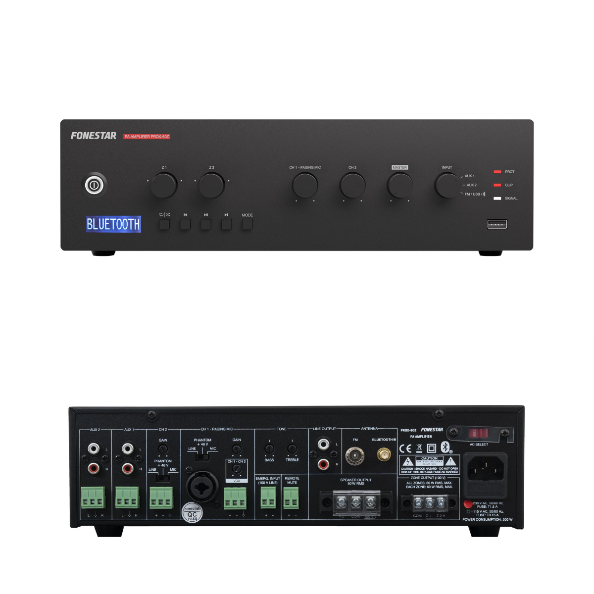 Amplificador PA 60W 2Zonas BT/USB/MP3/FM FONESTAR