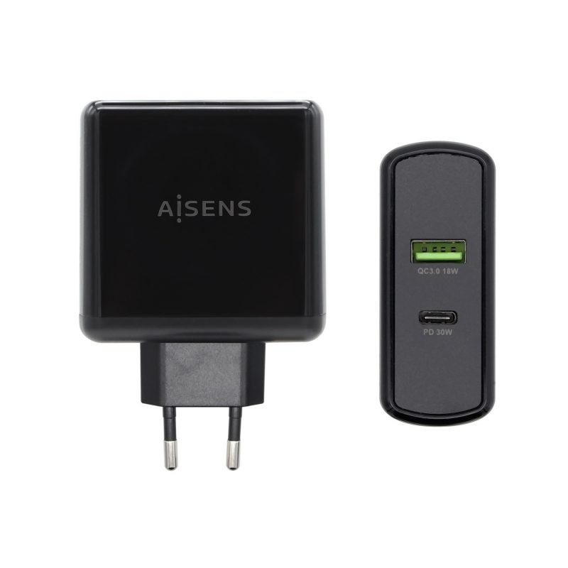 Cargador USB 1xUSB-C PD3.0 30W 1xUSB-A QC3.0 18W NEGRO AISENS