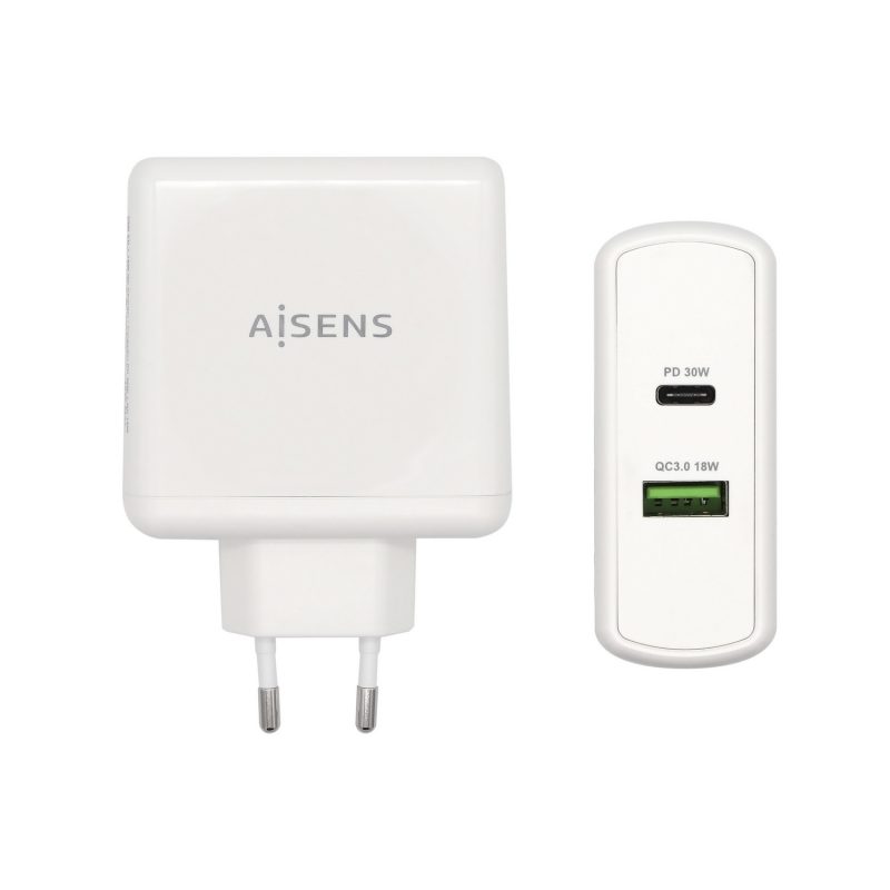 Cargador USB 1xUSB-C PD3.0 30W 1xUSB-A QC3.0 18W BLANCO AISENS