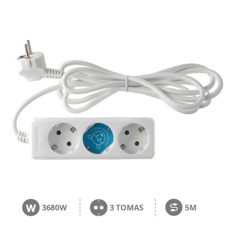 Base Multiple 3 Enchufes Schuko Cable 5m BLANCA