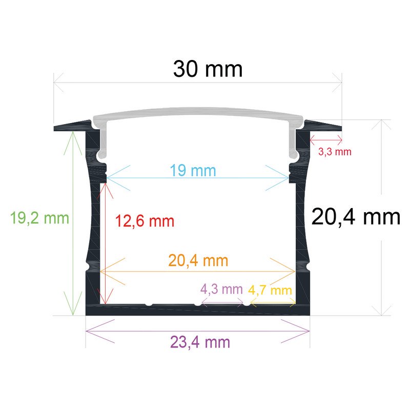 Perfil LED Empotrable 30×20,4mm Opal 2mm
