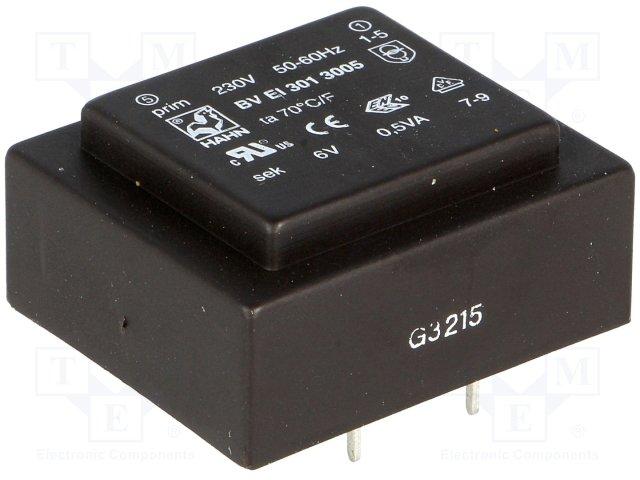 Transformador Encapsulado salida 6Vac 0,5VA Entrada 230Vac