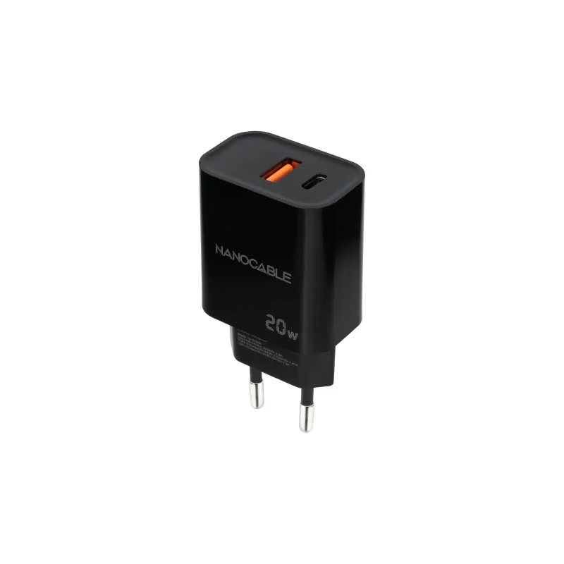Cargador USB-C PD USB-A QC 20W NEGRO NANOCABLE