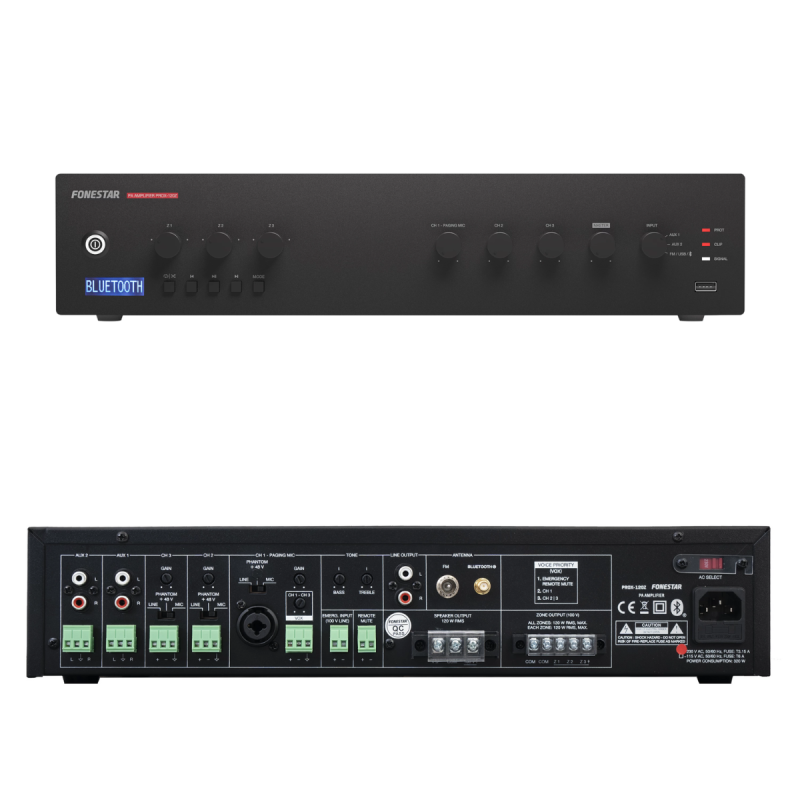 Amplificador PA 120Wrms 3Zonas BT/USB/MP3/FM FONESTAR