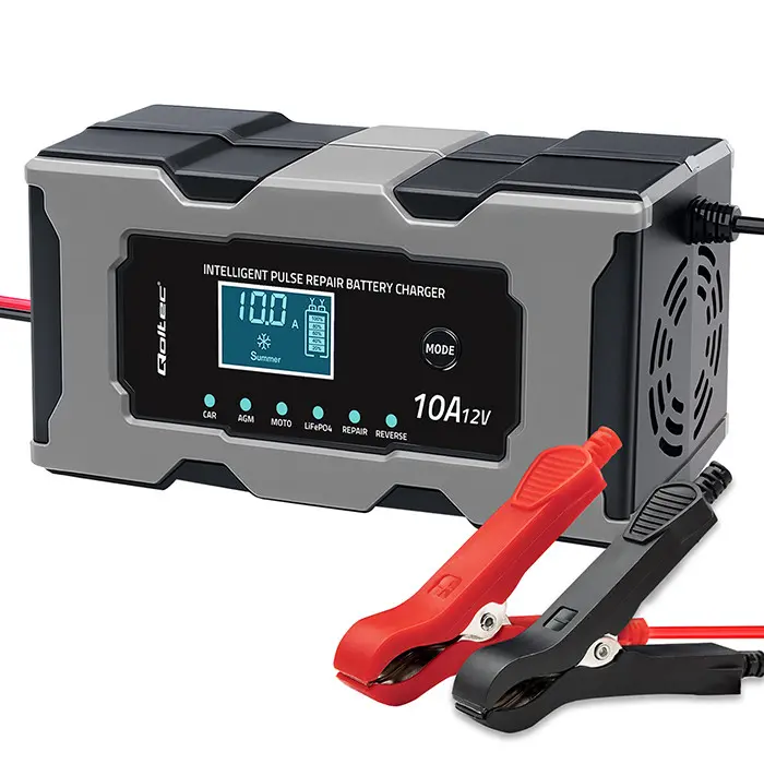 Cargador inteligente con microprocesador Qoltec 12V 10A | Rectificador con función de reparación para baterÃas AGM, GEL y LiFePO4 | LCD
