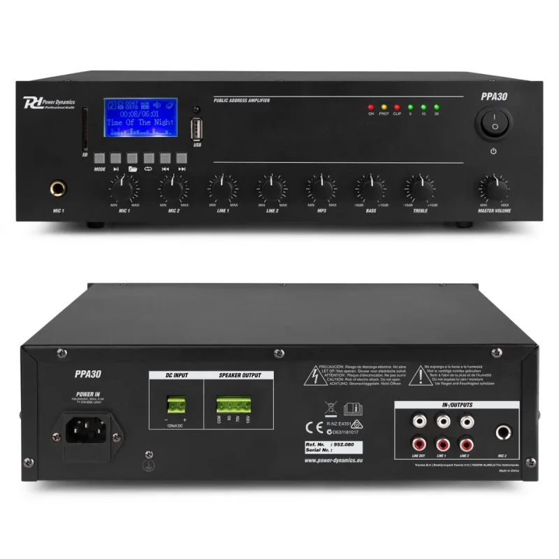 Amplificador PA 30Wrms BT/USB/MP3/FM PPA30 PD 230V 12VDC