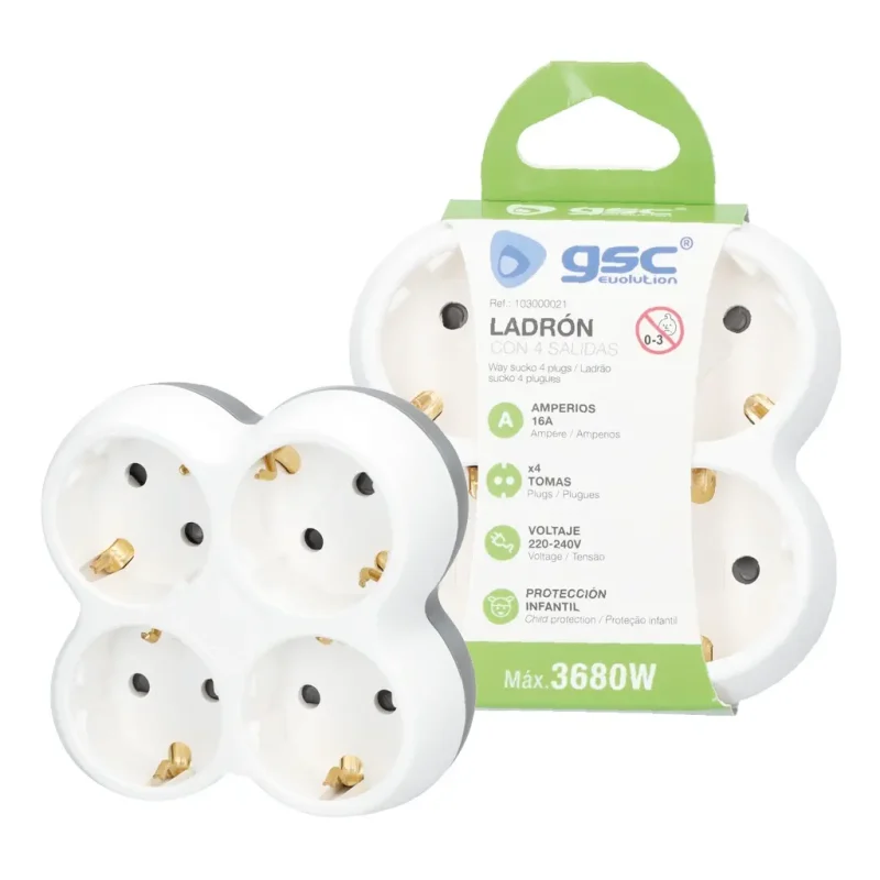 Adaptador 4 Tomas Hembra Schuko 3500W 16A  Cuadrado