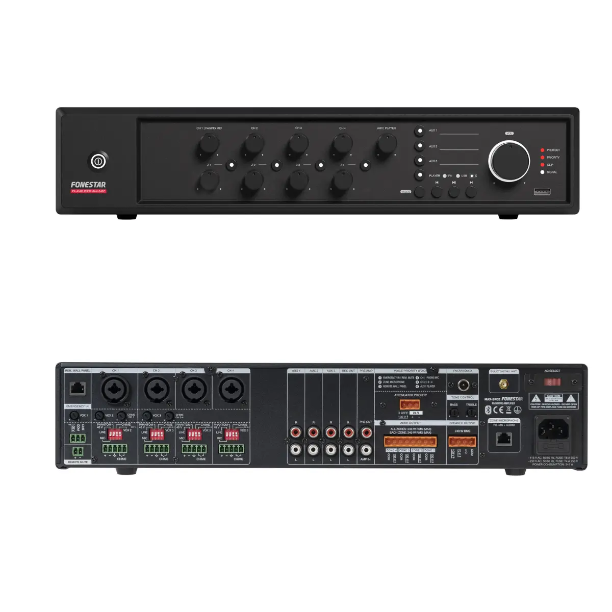 Amplificador PA 240Wrms 4Zonas USB/MP3/FM FONESTAR