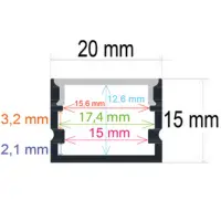 Perfil LED de superficie de 20 mm x 15 mm