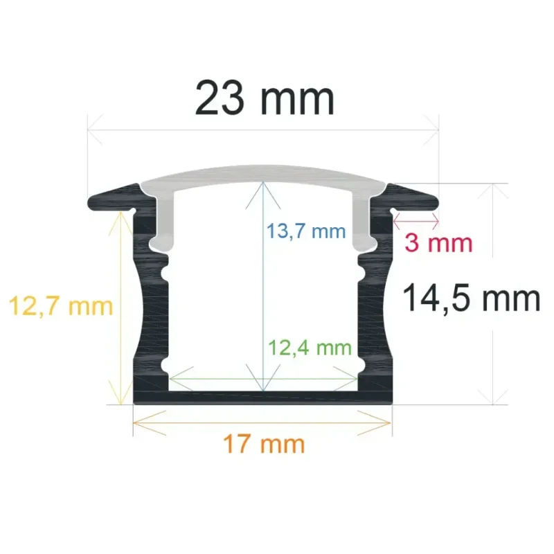 Perfil LED Empotrar 23×14,5mm Opal 2m NEGRO