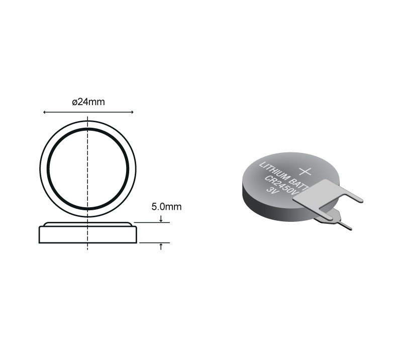 Pila Litio CR2450V 3Vdc 500mA 3pin posicion Vertical Cto. Impreso