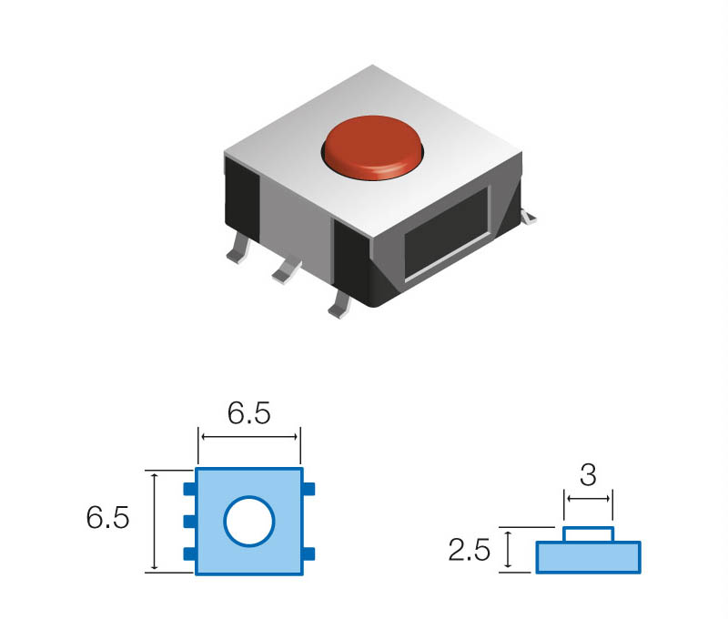 Pulsador Tacto SMD 6,5×6,5mm Altura total 2,5mm