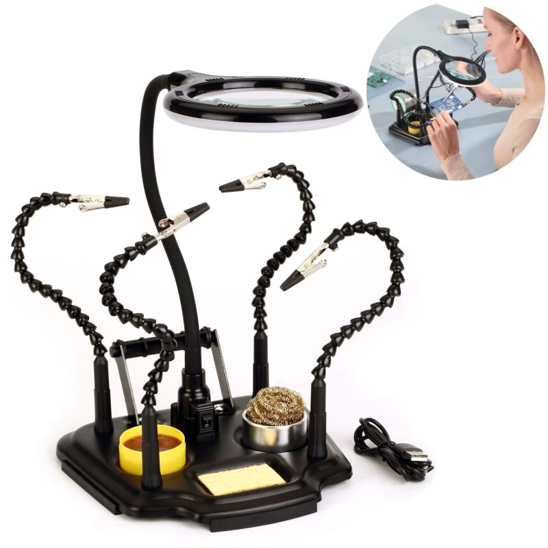 Soporte Flexible 4 Brazos y Pinzas + Lupa con Luz LED