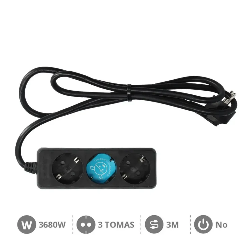 Base Multiple 3 Enchufes Schuko y Cable 3m NEGRO