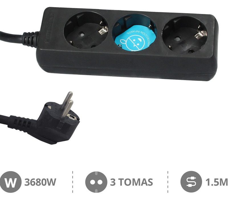 Base Multiple 3 Enchufes Cable 1,5m NEGRA