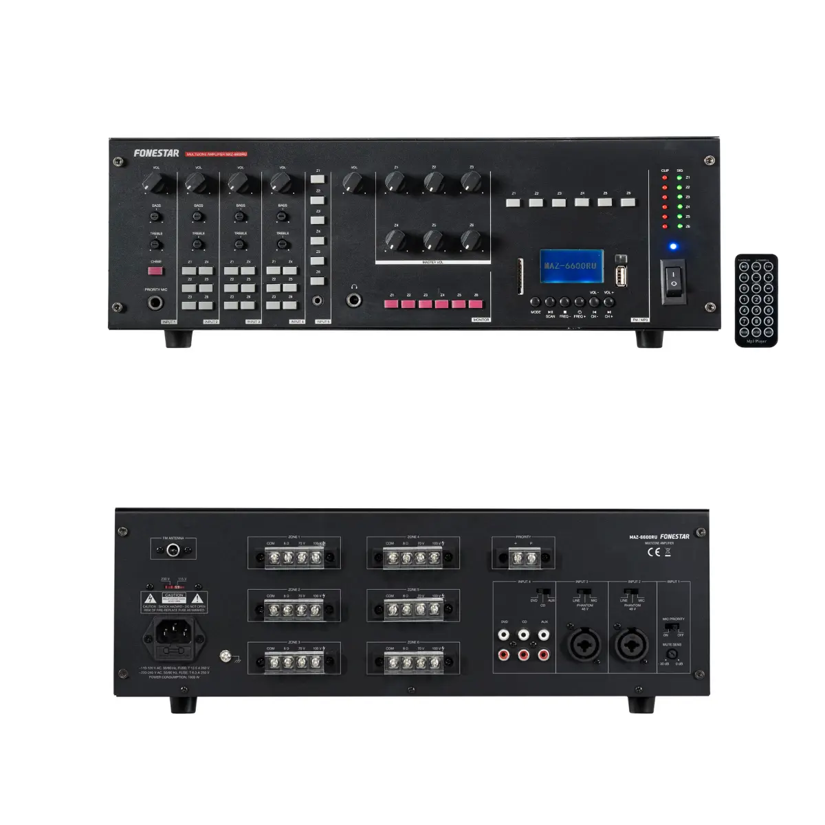 Amplificador PA 6x 100Wrms 6Zonas FM/USB/SD/MP3