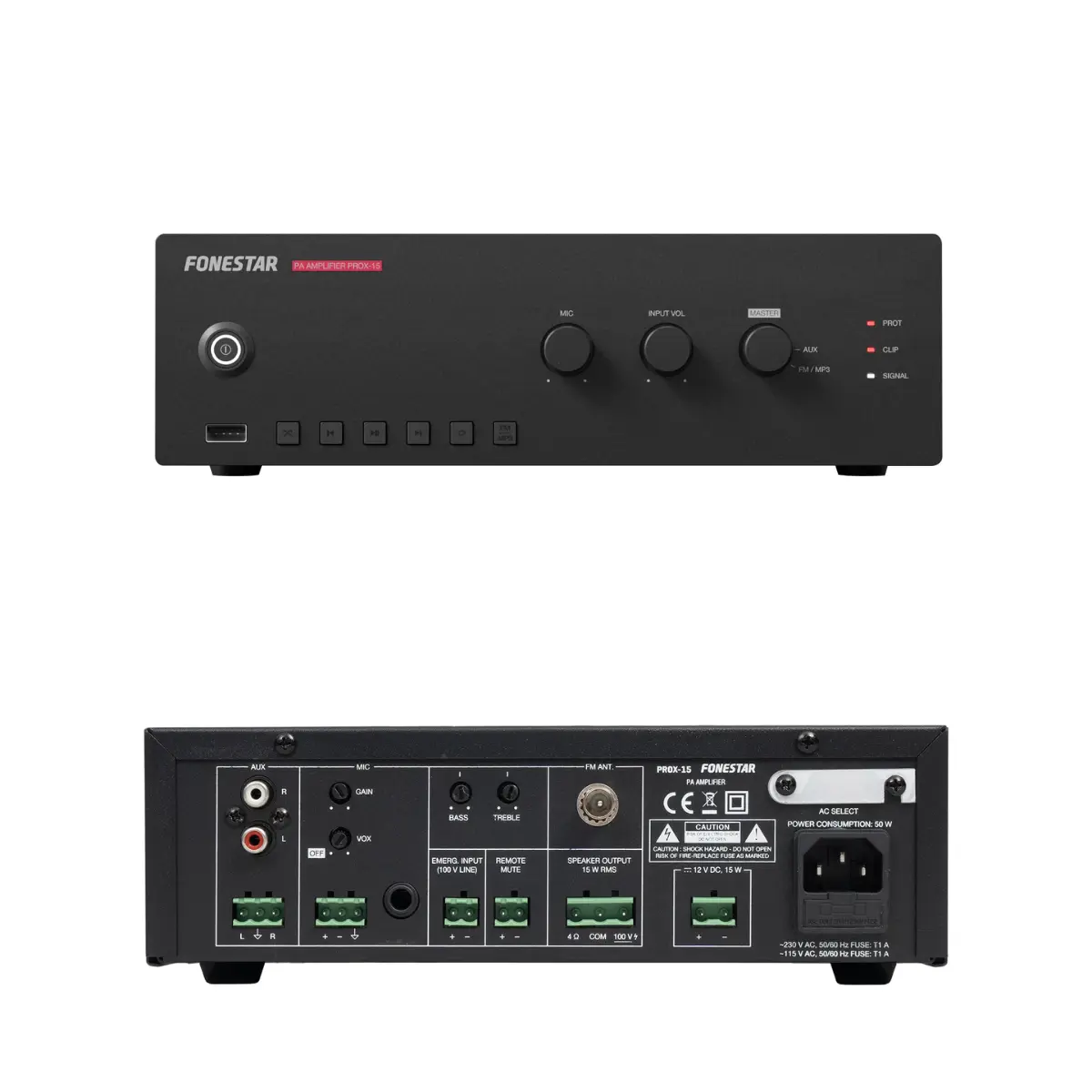 Amplificador PA 15Wrms USB/MP3/FM FONESTAR PROX-15