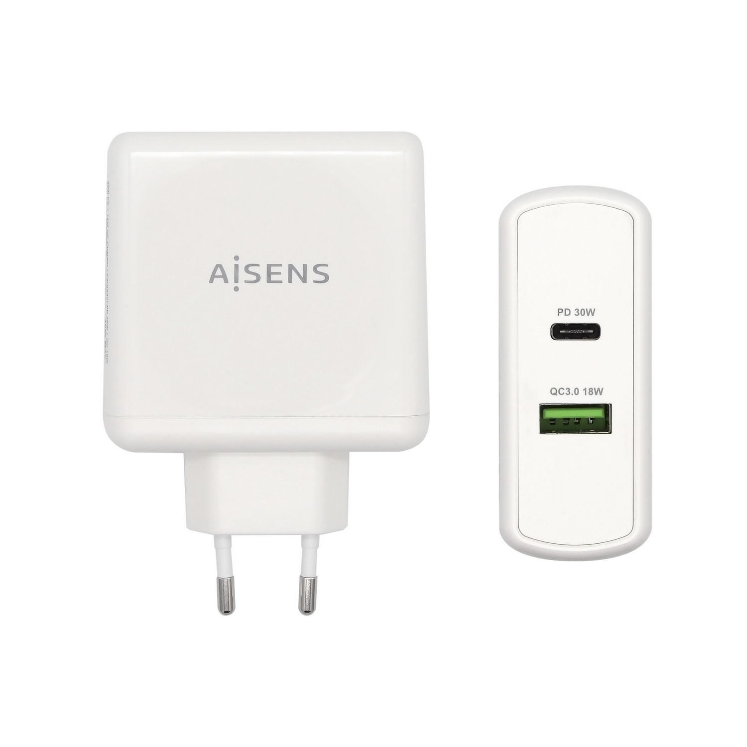 Cargador USB 1xUSB-C PD3.0 30W 1xUSB-A QC3.0 18W BLANCO AISENS