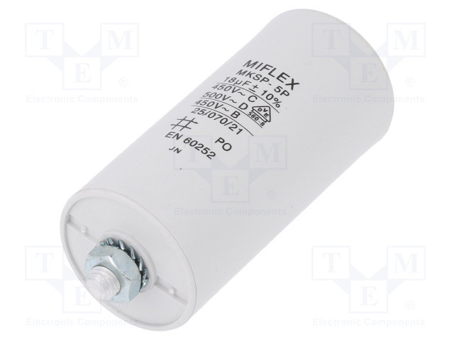 Condensador Motor 18uF 450Vac 40x70mm FASTON + torno M8