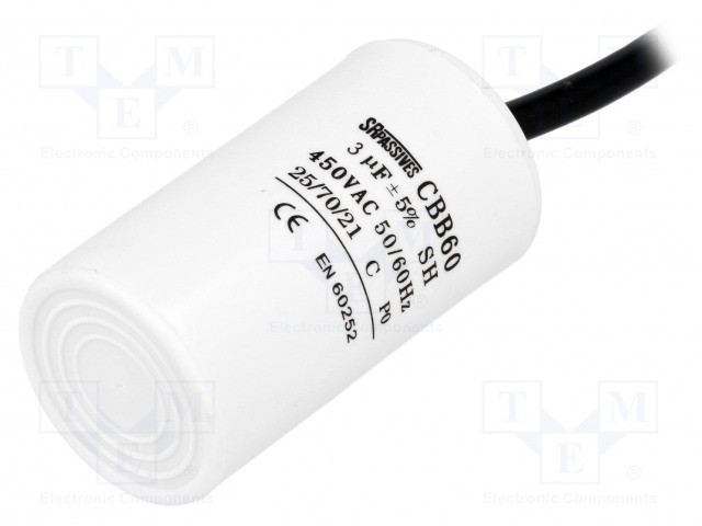 Condensador Motor 3uF 450Vac 35x60mm CABLES (sin tornillo)