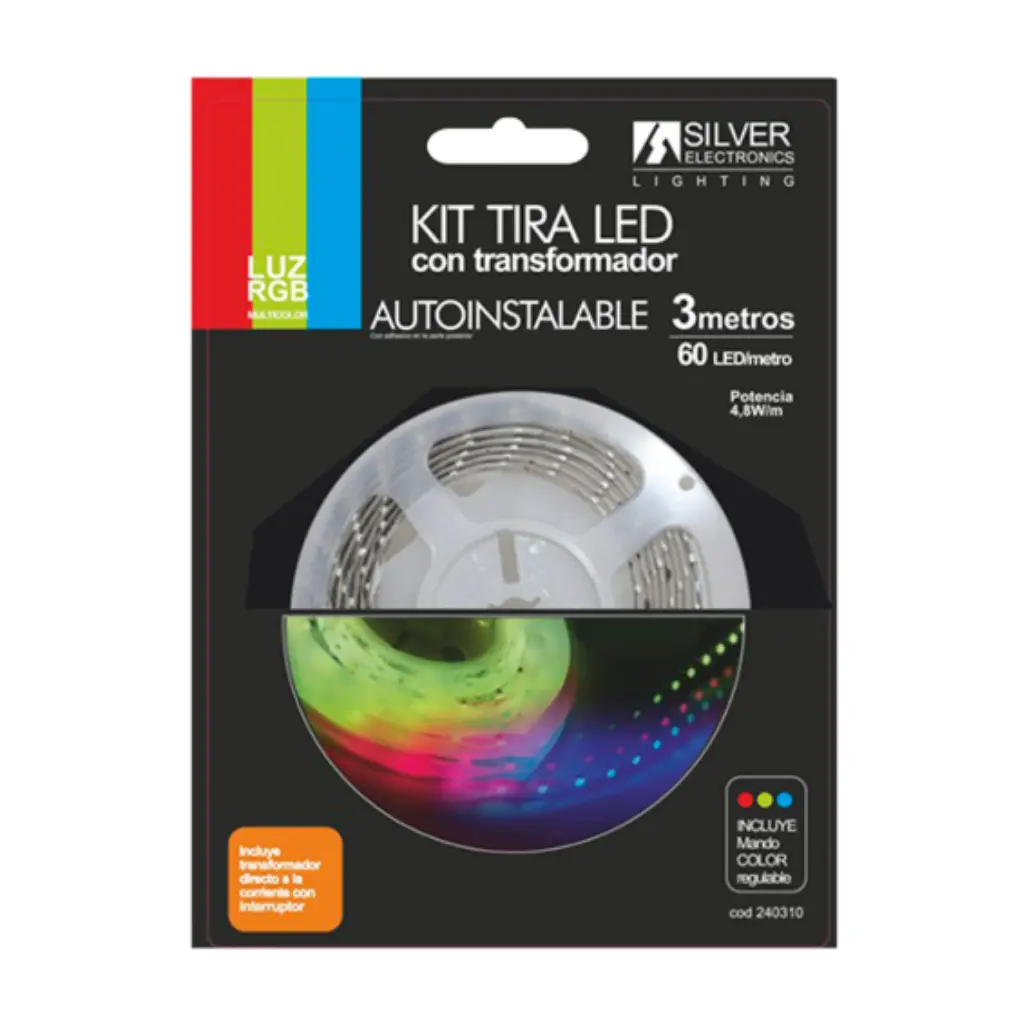 KIT Tira LED 3 metros 12V 7,2W/m Luz RGB IP20